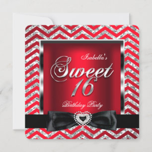 Invitación Dulces 16 Rojo Regal Chevron Raya Plata Negro