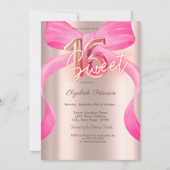Invitación Dulces 16 Rosa Brillante Oro Rosado (Anverso)