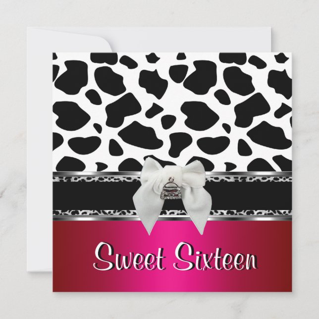 Invitación Dulces 16 Rosa Plata Negro Blanco Vaca Leopardo 2 (Anverso)