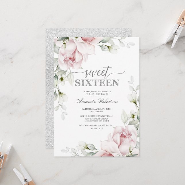 Invitación Dulces 16 Rosas de cumpleaños | Plata Romántica  (Anverso/Reverso In Situ)