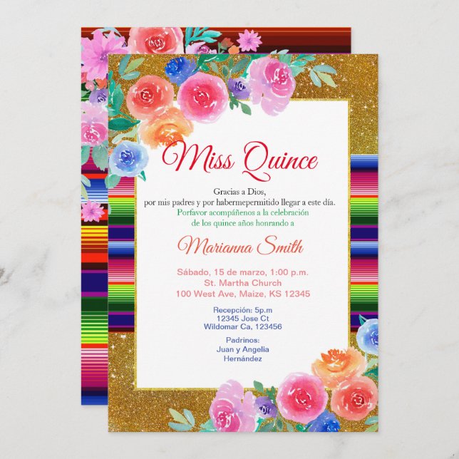 Invitación Dulces 16 Rosas Florales Mexicana Señor (Anverso / Reverso)