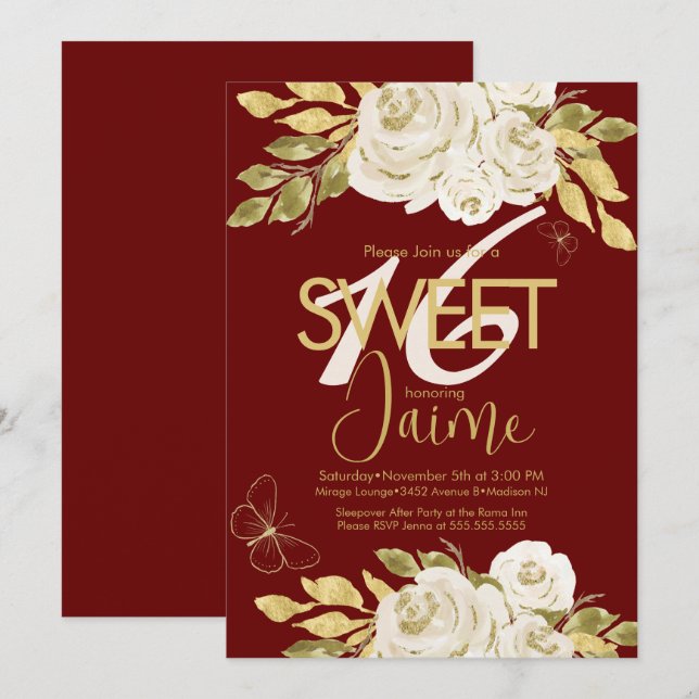Invitación Dulces 16 Rosas Marfil Rosa Florales Vino con Mono (Anverso / Reverso)