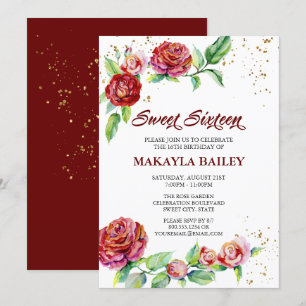 Invitación Dulces 16 Rosas Rojas Vintage Confeti Dorado Flora