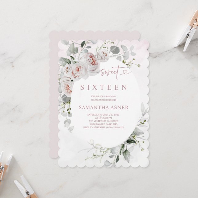 Invitación Dulces 16 Rosas Rosa Polvo y Blanco (Anverso/Reverso In Situ)