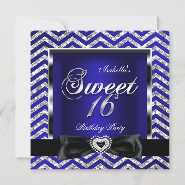 Invitación Dulces 16 Royal Azul Chevron Raya Plata Negro (Anverso)
