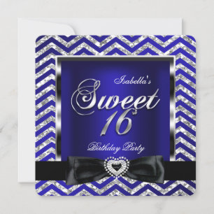 Invitación Dulces 16 Royal Azul Chevron Raya Plata Negro