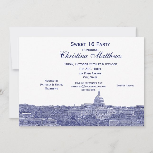 Invitación Dulces 16 Silueta del Cielo Naval de Washington DC (Anverso)