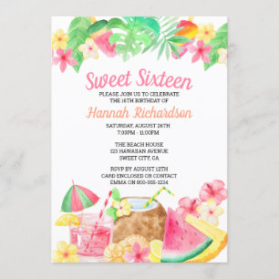 Invitación Dulces 16 Tema Hawaiano Fiesta Luau Acuarela
