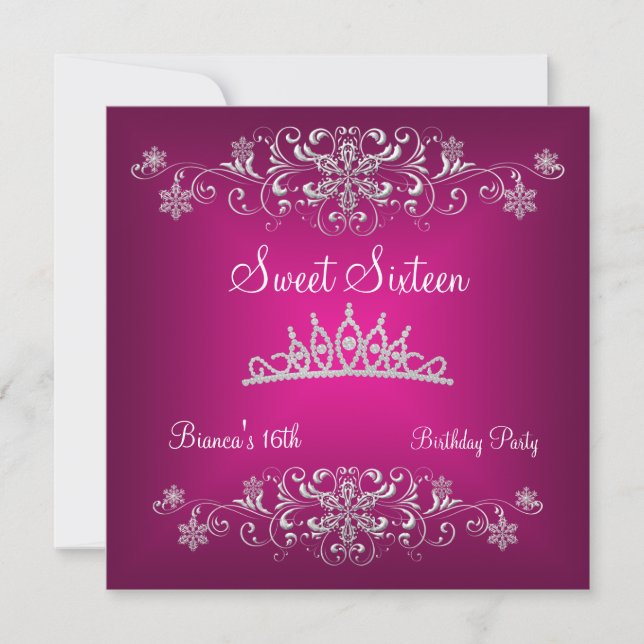 Invitación Dulces 16 Tiara de Diamantes de Plata Rosa (Anverso)