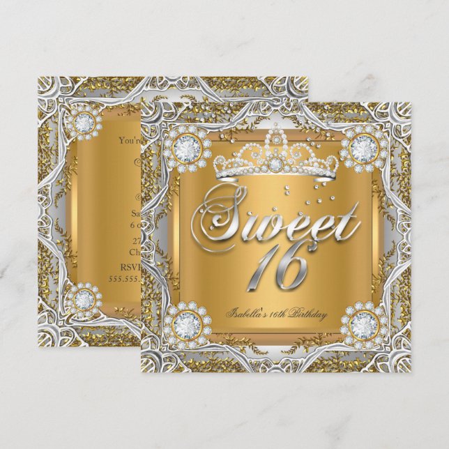 Invitación Dulces 16 Tiara Oro Plata Diamante Cumpleaños Fies (Anverso / Reverso)