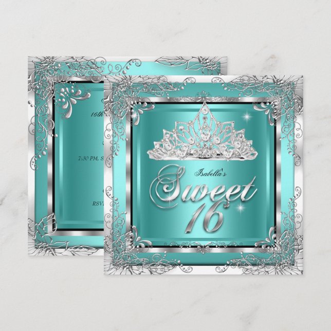 Invitación Dulces 16 Turquesa Azul Plata Diamante Tiara Fiest (Anverso / Reverso)