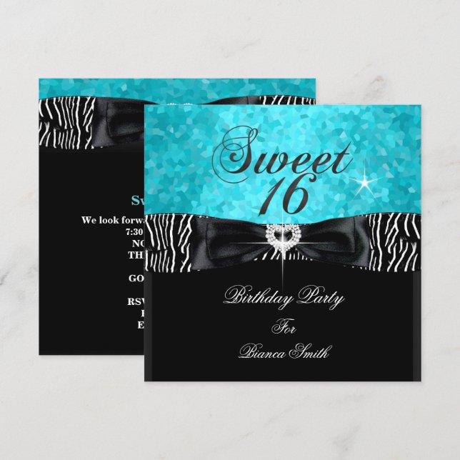 Invitación Dulces 16 Turquesa Negro Cebra (Anverso / Reverso)