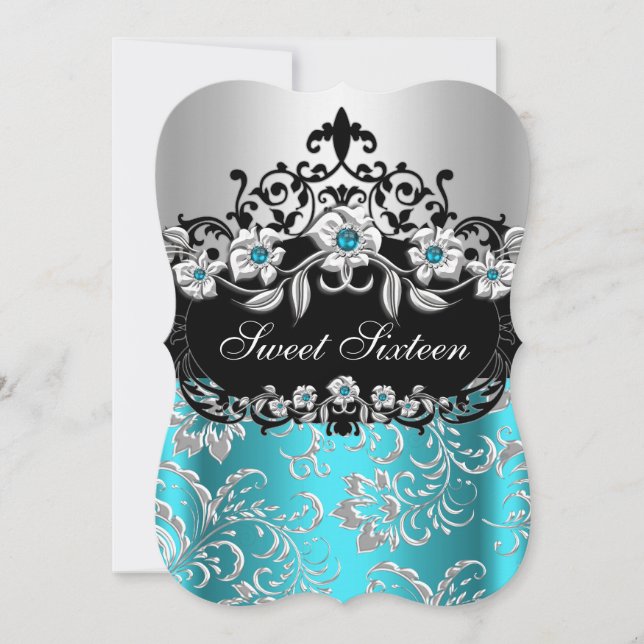 Invitación Dulces 16 Turquesa Plata Negro Floral Joya Fiesta (Anverso)