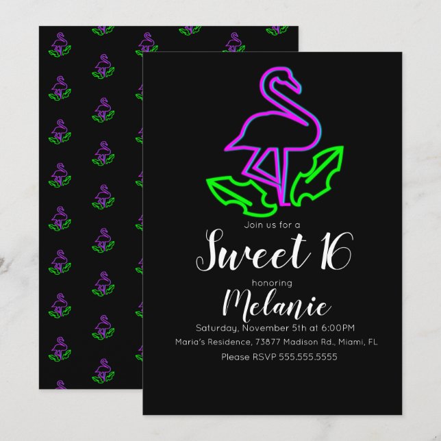 Invitación Dulces 16 Verano Neon Tropical Flamingo Fiesta Glo (Anverso / Reverso)