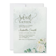 Invitación Dulces 16 Verde Suave y Rosa Rosas Blan