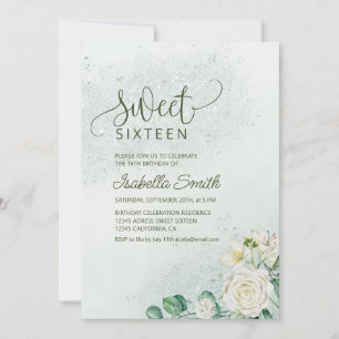 Invitación Dulces 16 Verde Suave y Rosa Rosas Blan