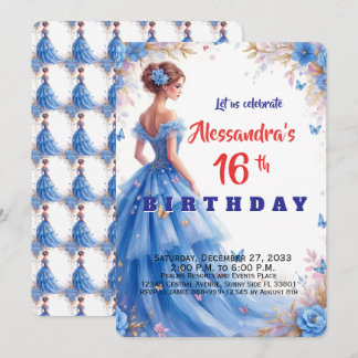 Invitación Dulces 16 vestido azul floral elegante cumpleaños 