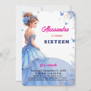 Invitación Dulces 16 vestido azul floral presupuesto cumpleañ