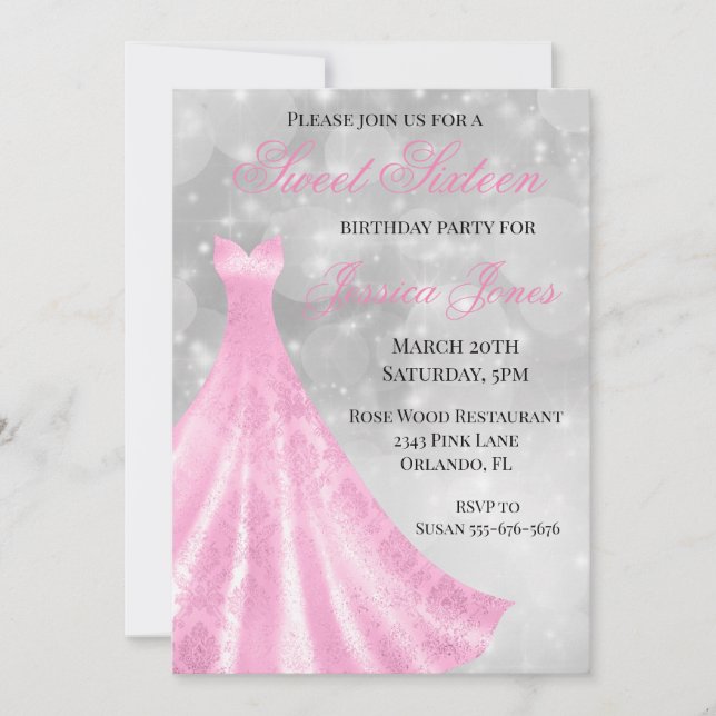 Invitación Dulces 16 Vestido de Fiesta de Cumpleaños Rosa (Anverso)