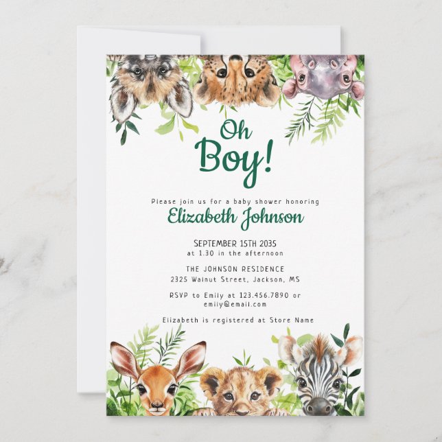 Invitación Dulces Animales de Safari en Acuarela para Baby Sh (Anverso)