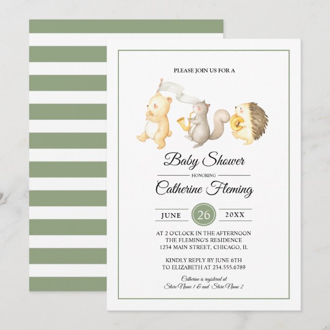 Invitación Dulces animales de Woodland Baby Shower verde clar (Anverso / Reverso)