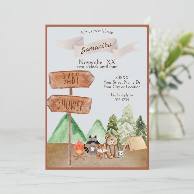 Invitación Dulces Animales del Bosque Campamento Shower de Be (Anverso de pie)