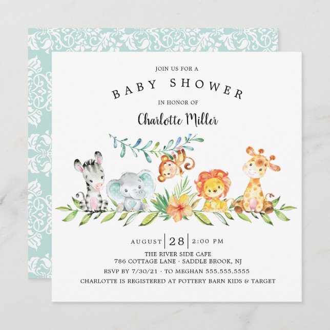 Invitación Dulces Animales Safari Género Baby Shower Neutral  (Anverso / Reverso)