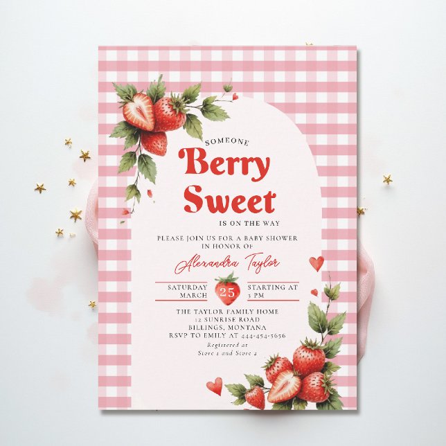 Invitación Dulces Bayas Jardín de Gingham Fiesta de Bienvenid (berry sweet baby shower invitation fruit theme strawberry watercolor summer garden cottagecore pink)