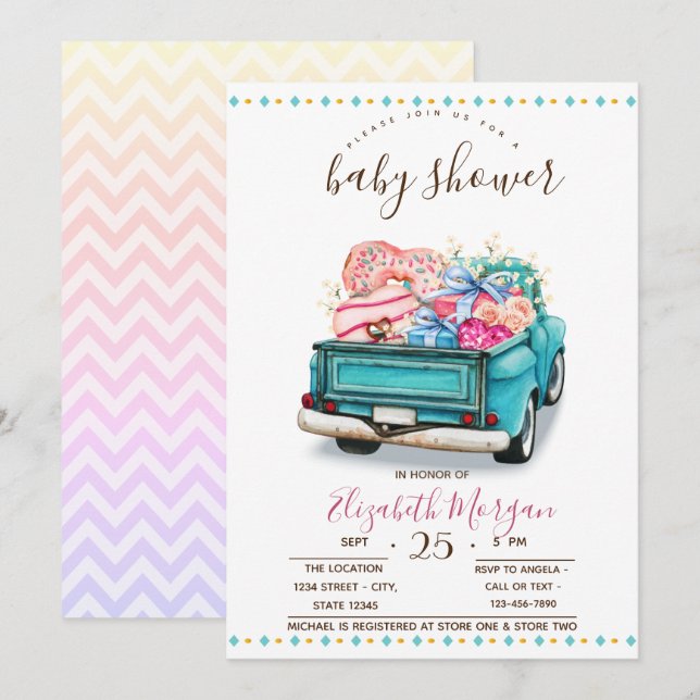 Invitación Dulces Camioncito Divertido Baby Shower Zigzag (Anverso / Reverso)