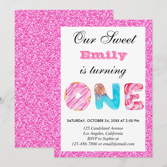 Invitación Dulces caramelos rosa brillante Cumpleaños uno (Anverso / Reverso)