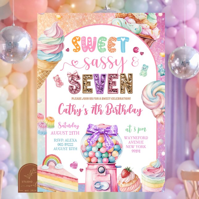 Invitación Dulces Coloridos de Purpurina Pastel Cumpleaños 7 (Subido por el creador)