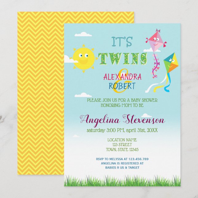 Invitación Dulces Cometas Divertidas Cumpleaños de Gemelos Pr (Anverso / Reverso)