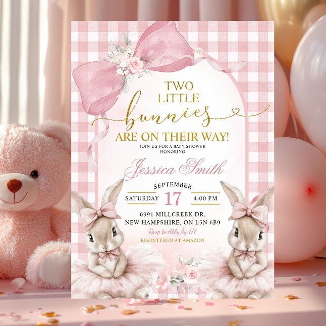 Invitación Dulces conejitos gemelos de cuadros rosa baby show (Subido por el creador)