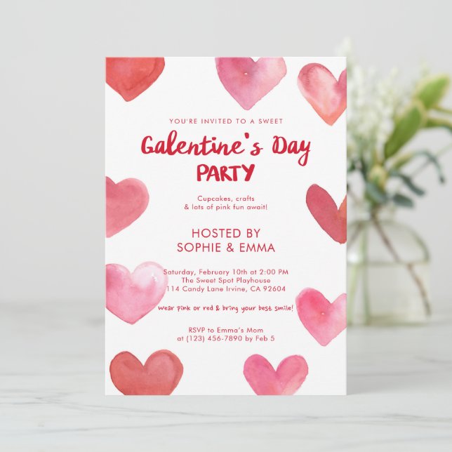 Invitación Dulces Corazones de Acuarela Rosa Fiesta de Galent (Anverso de pie)