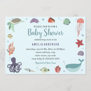 Invitación Dulces Criaturas Marinas Coral Azul Baby Shower