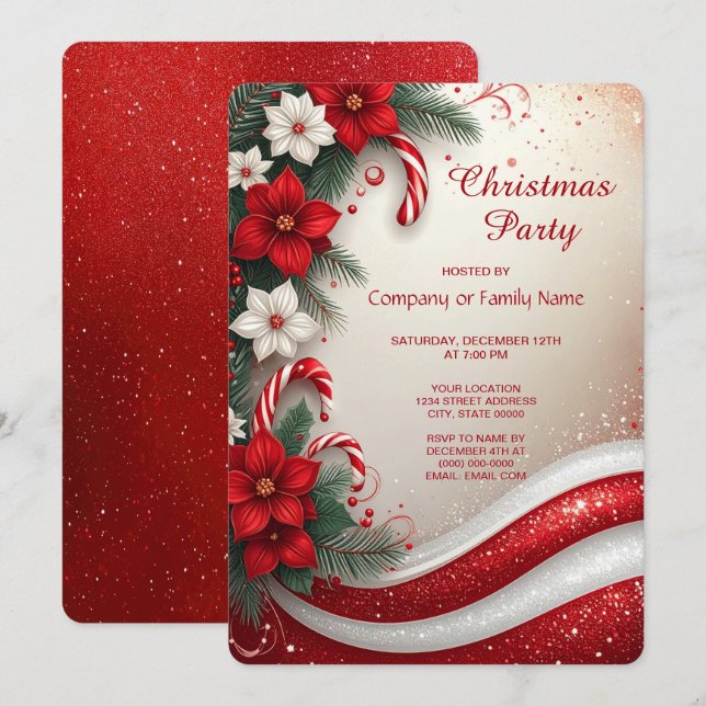 Invitación Dulces de Caña de Floral de Navidad Fiesta de Vaca (Anverso / Reverso)