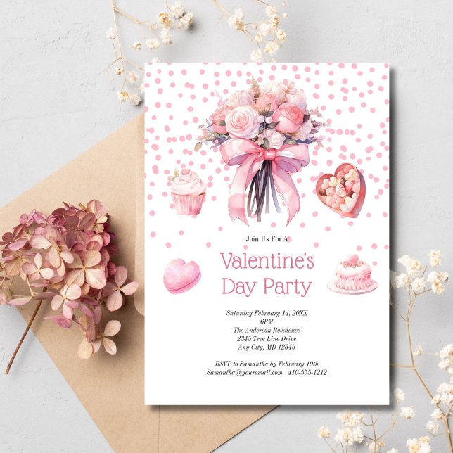 Invitación Dulces de flores rosas Día de San Valentín (Pink Watercolor Floral and Sweets Valentine's Galentine's Day Party. Printed or Digital Invitation)