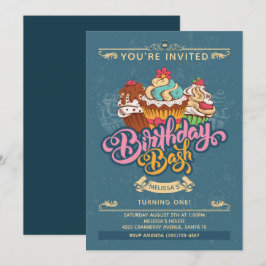 Invitación Dulces de pastel de colores en cumpleaños azul