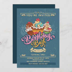 Invitación Dulces de pastel de colores en cumpleaños azul