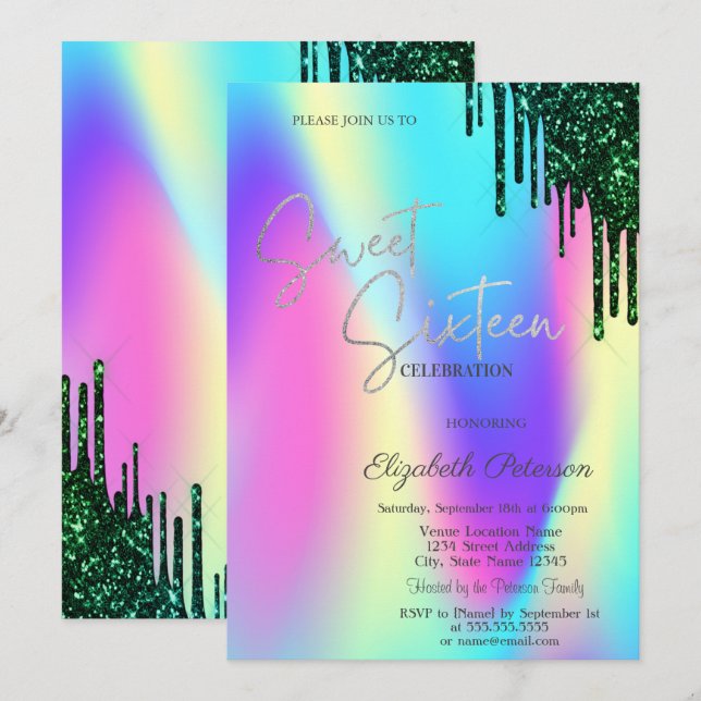 Invitación Dulces de Purpurina verde Holográfico dulce 16 (Anverso / Reverso)