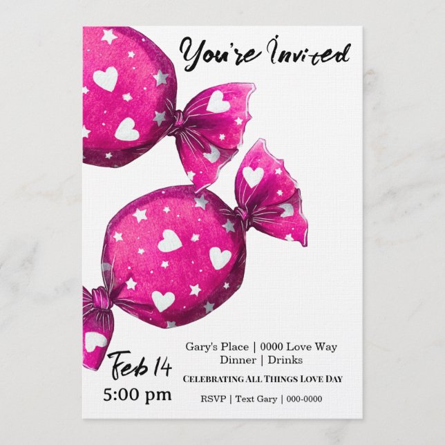 Invitación Dulces de San Valentín cubiertos de corazones Fies (Anverso)