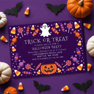 Invitación Dulces de Truco o Trato Morados para Niños Fiesta