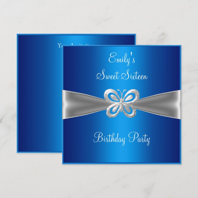 Invitación Dulces Dieciséis 16 Azul Mariposa Joya de Plata 4 (Anverso / Reverso)