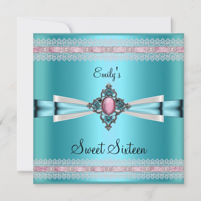 Invitación Dulces Dieciséis 16 Blanco Turquesa Azul Rosa (Anverso)
