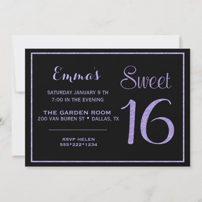 Invitación Dulces Dieciséis 16 Brillo Lavanda Glamour (Anverso)