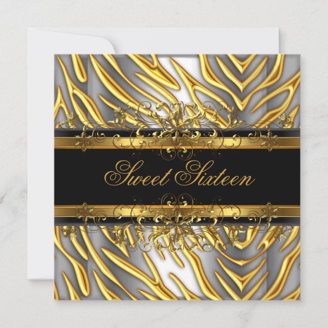 Invitación Dulces Dieciséis 16 Cebra Dorado Negro Plata (Anverso)