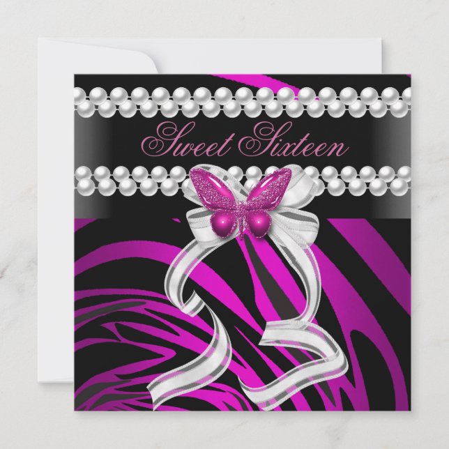 Invitación Dulces Dieciséis 16 Cebra Mariposa Negra Rosa Blan (Anverso)