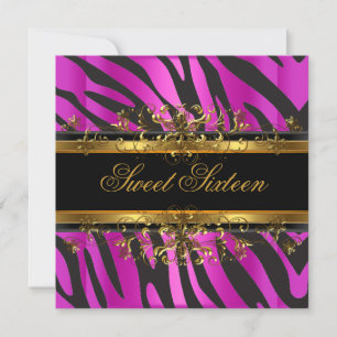Invitación Dulces Dieciséis 16  Cebra Rosa Fuerte Dorado Negr