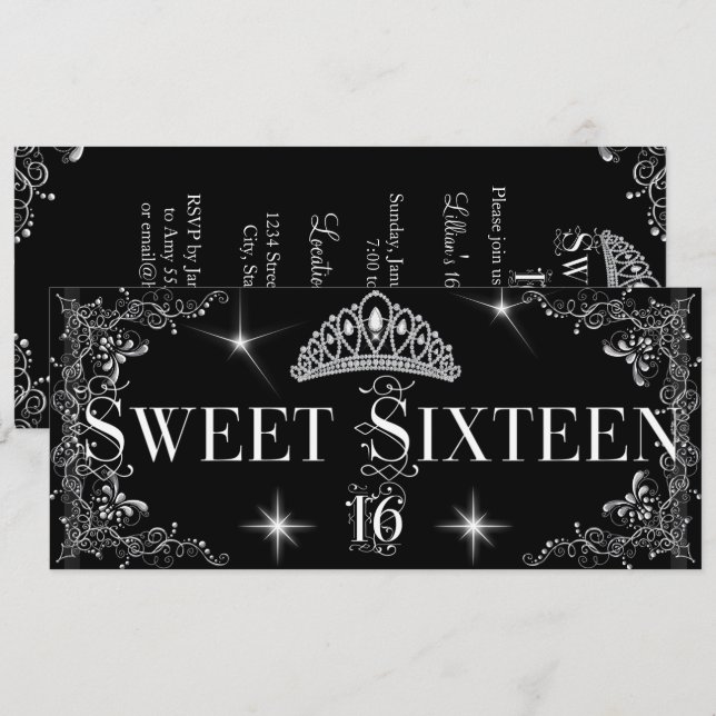 Invitación Dulces Dieciséis 16 Corona Negra Plateada (Anverso / Reverso)