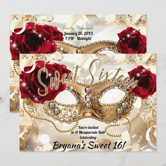 Invitación Dulces Dieciséis 16 Crema Oro Baile de Máscaras Fi (Anverso / Reverso)
